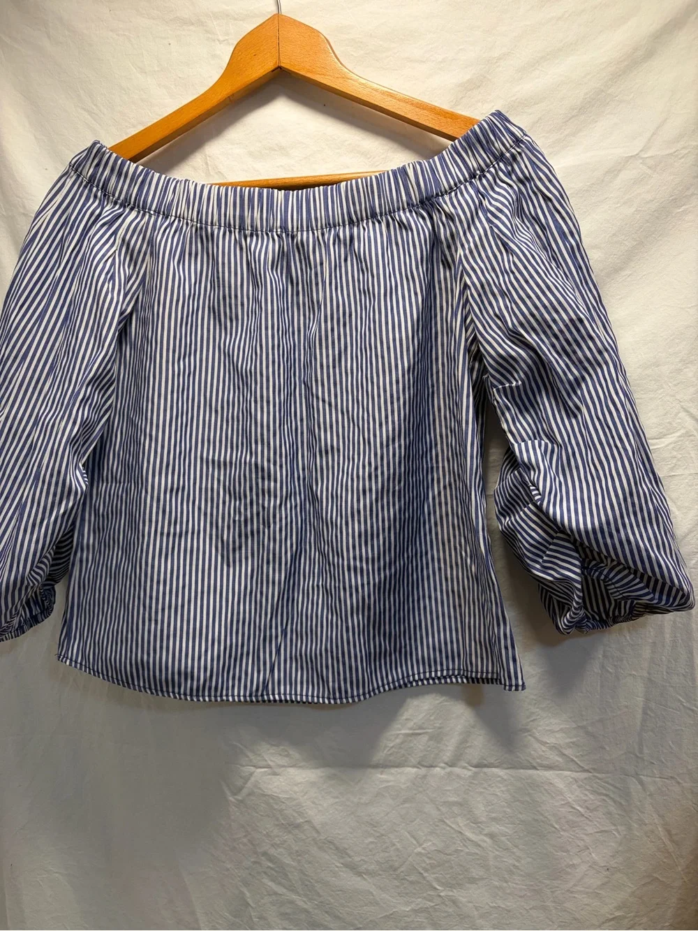 Zara Blue and White Striped Off-Shoulder Blouse